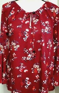 Krazy Kat Wine Flowers Ruffled Sleeves Boho Peasant Women Blouse Size Medium